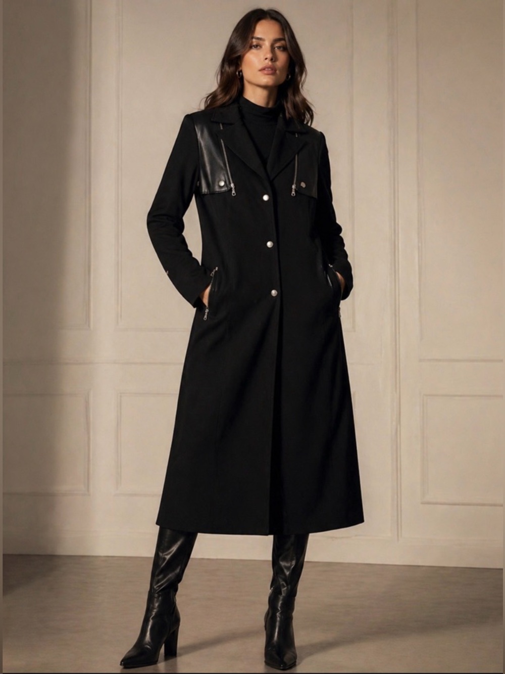 RUDSAK Black Long Trench Coat with Leather accents